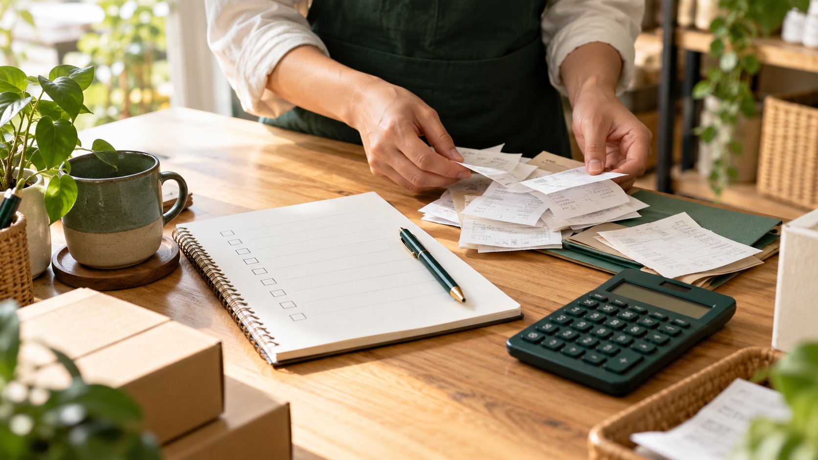 Hands organising receipts beside a checklist and calculator
